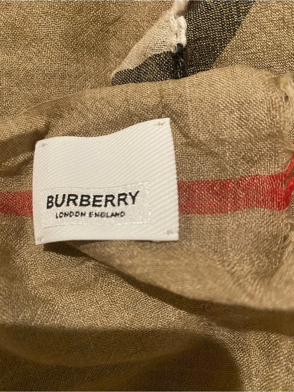 Burberry Neutral Plaid Silk-Wool Scarf with Red Accent